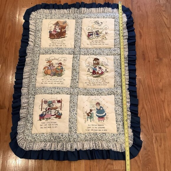 Handmade Childrens Blanket Quilt With Cross Stitch Nursery Rhymes Kitschy 45”x32 - Picture 8 of 14